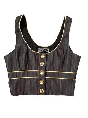 Vintage Guess Black Pinstripe Cropped Tank with Yellow Trim and Gold Buttons